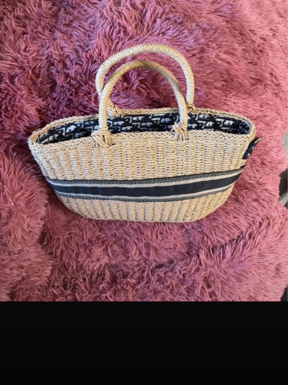 Natural Straw Tote with Navy Stripe and Lined Interior